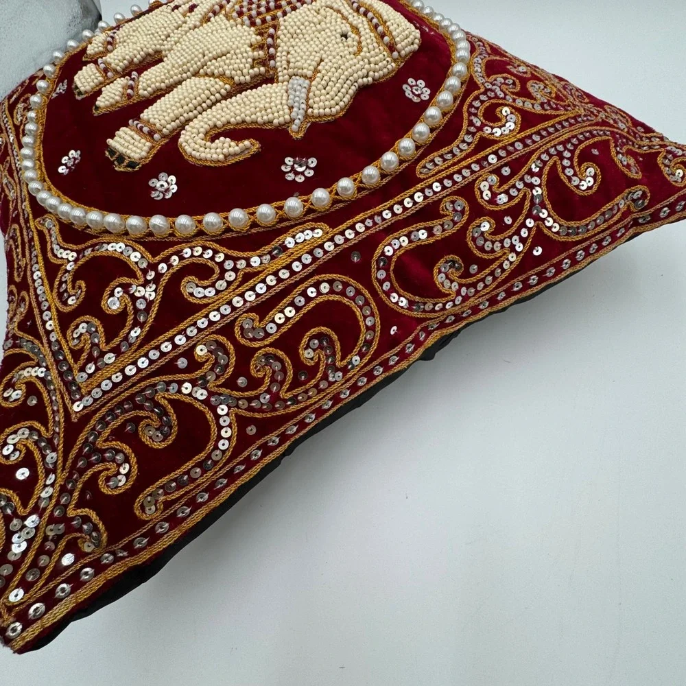 Handmade Elephant Throw Pillow Red Velvet Beaded Sequin‎ Boho Decor